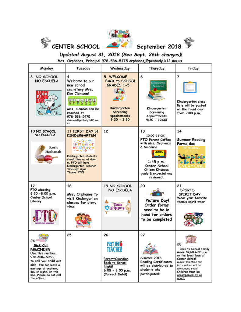 September 2018 Center School Calendar Peabody Public Schools