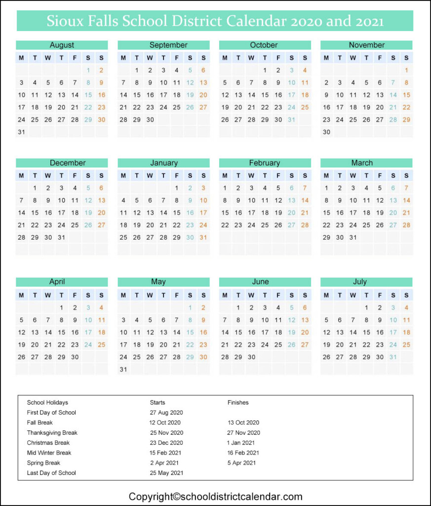 Sioux Falls School District Calendar Holidays 2020 2021