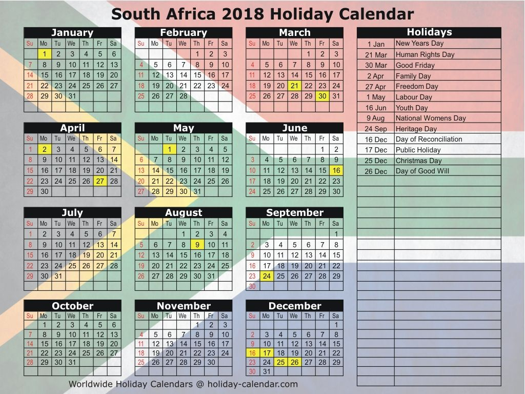 South Africa 2018 Holiday Calendar Holiday Calendar Africa Holiday 