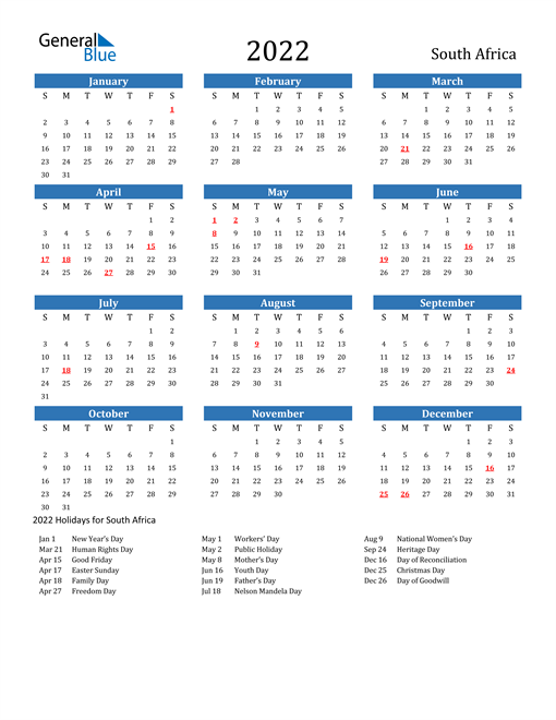 South Africa Calendars With Holidays