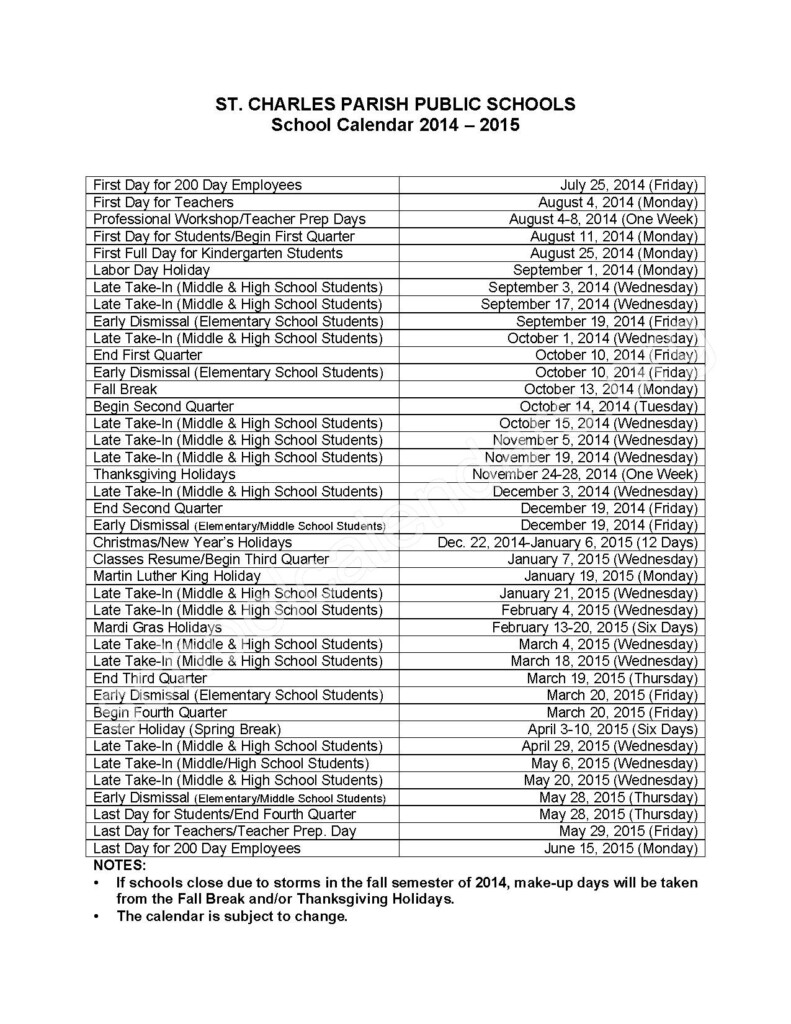 St Charles Parish Public Schools Calendars Luling LA