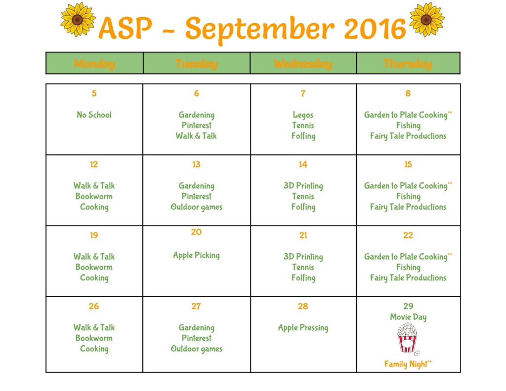 W F Morrison Elementary ASP Monthly Calendar September