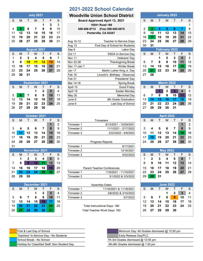 Woodville Union Elementary School District Calendar 2021 And 2022 